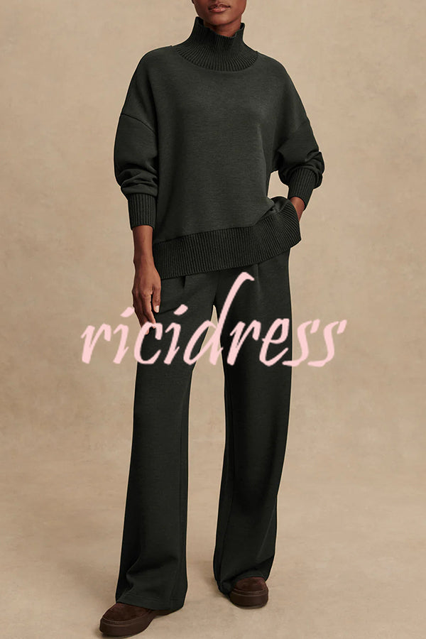 Barker High-Neck Long Sleeve Side Zipper Sweatshirt and Elastic Waist Pocketed Loose Pants Set