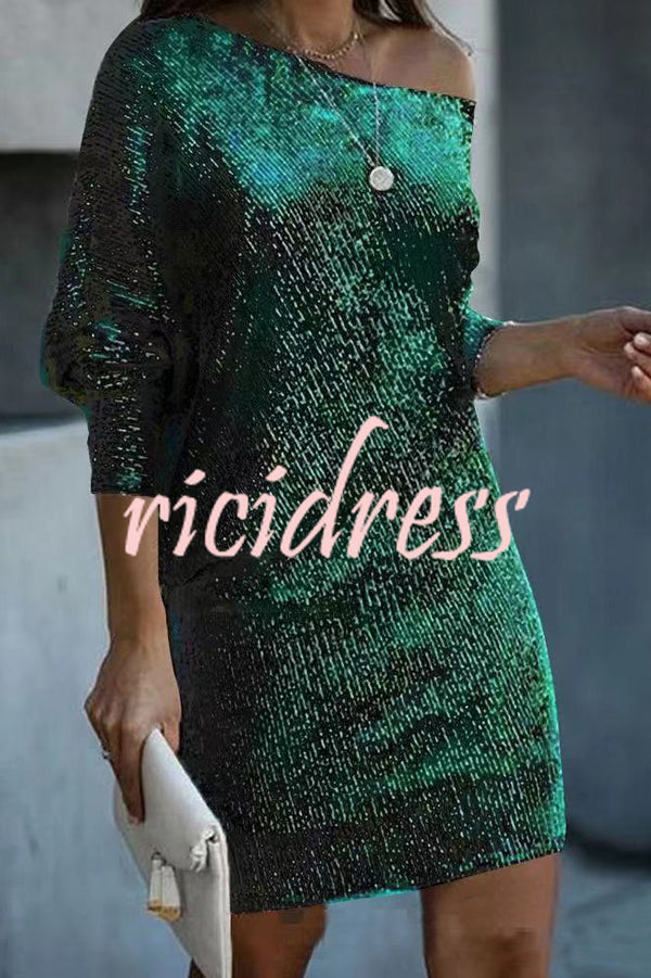 Solid Sequined Off-shoulder Loose Mini Dress