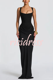 Larrah Square Neck Back Lace-up Satin Drape Hem Maxi Dress