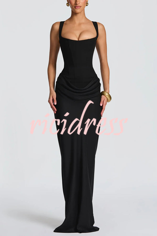 Larrah Square Neck Back Lace-up Satin Drape Hem Maxi Dress