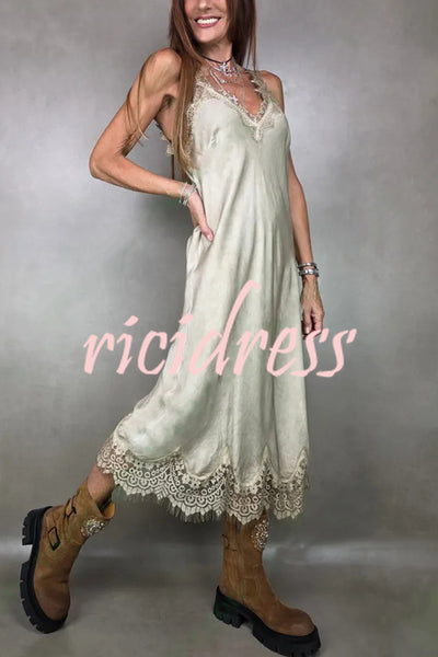 Fashionable V-neck Suspender Lace Splicing Casual Midi Dress