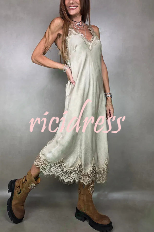 Fashionable V-neck Suspender Lace Splicing Casual Midi Dress