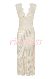 Wonderful Fusion Satin Lace Trim Poka Dot V-neck Drape Maxi Dress