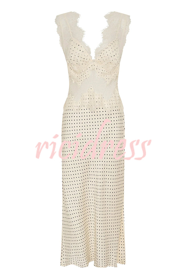 Wonderful Fusion Satin Lace Trim Poka Dot V-neck Drape Maxi Dress