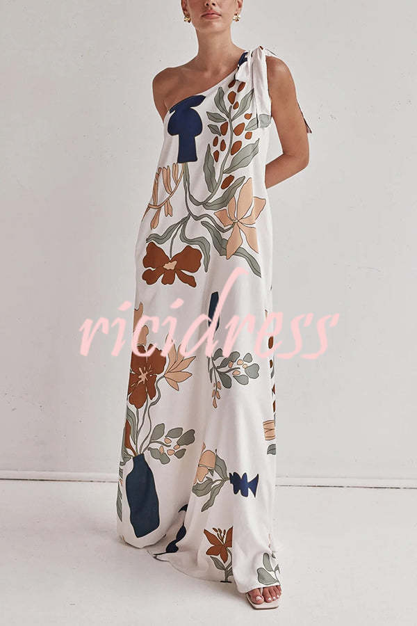 Matches The Vacation Unique Print One Shoulder Tie-up Pocketed Loose Maxi Dress