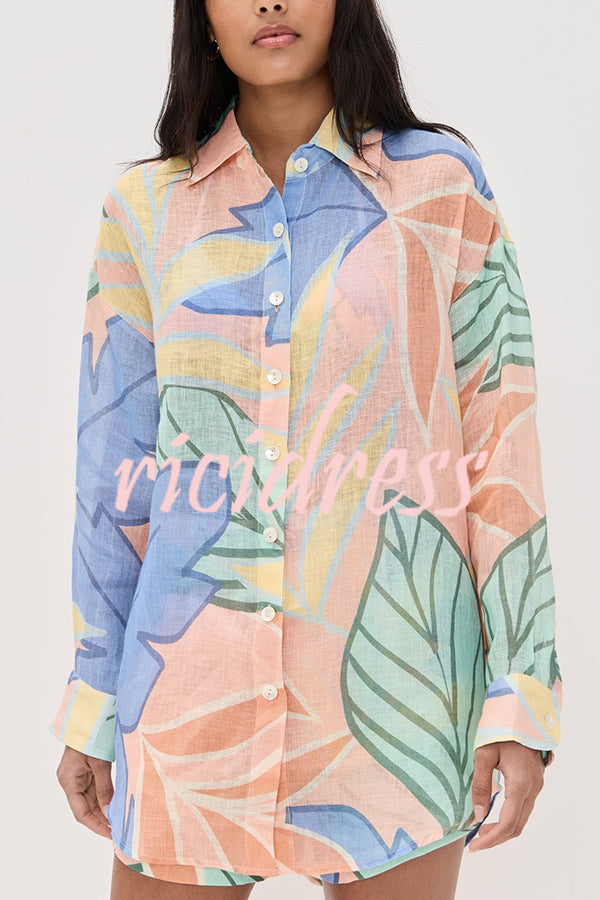 Bella Linen Blend Colorful Unique Print Long Sleeve Blouse and Elastic Waist Pocket Loose Shorts Set