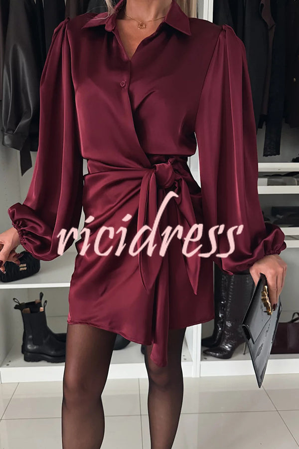 Solid Satin Long Sleeve Tie Waist Irregular Mini Dress