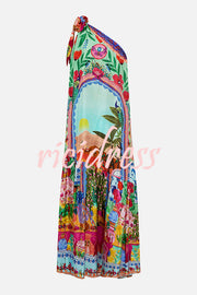 Queens of Creation Unique Print One Shoulder Tie-up Pocketed Loose Maxi Dress