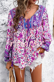 Intricate Floral Print V Neck Lace Up Paneled Long Sleeve Shirt