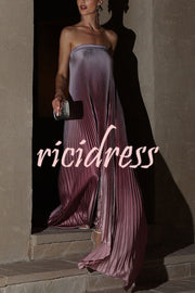 Gorgeous Styling Satin Pleated Elastic Bust Strapless A-line Gown Maxi Dress