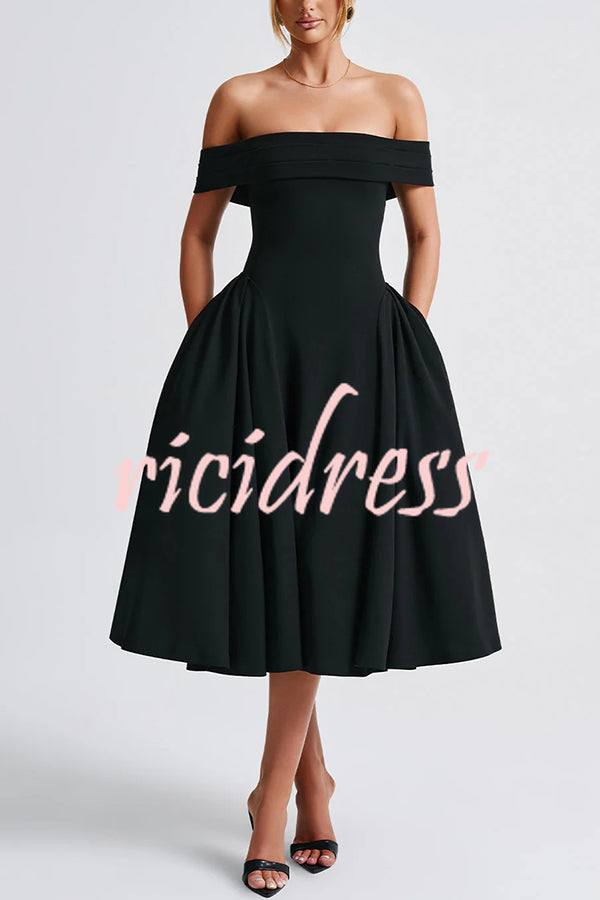 Princess Temperament Batdot Neck Pleat Detail Midi Dress