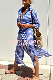 Summer Splendor Printed Button Half Sleeve Belt Loose Shirt Midi Dress