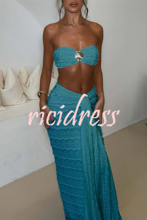 Fashion Metal Shell Embellished Sexy Bandeau and Elastic Tie Maxi Skirt Set