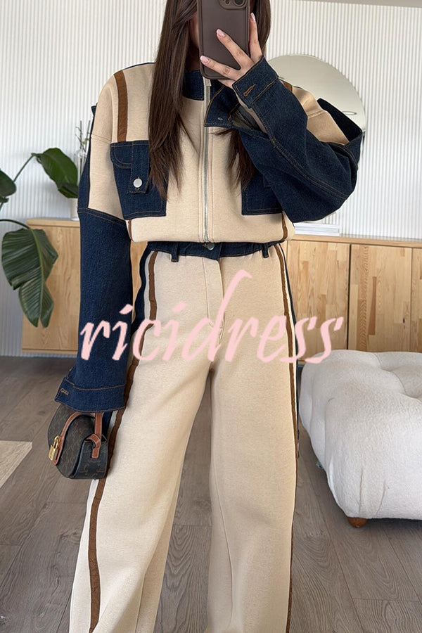 Chill Whispers Denim Patchwork Sweatshirt Fabric Zipper Long Sleeve Pocket Loose Jacket