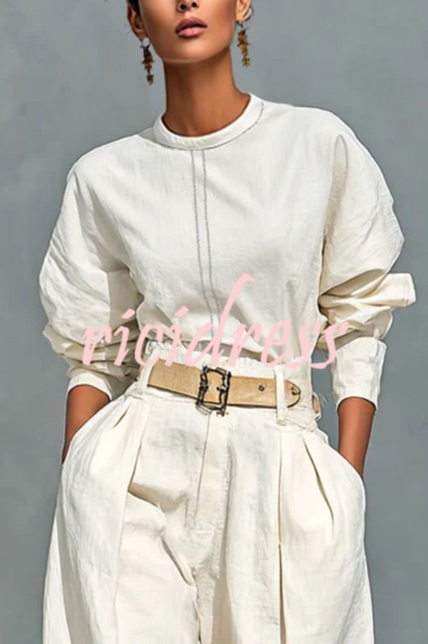 Fashionable Round Neck Long-sleeved Casual Top and High Waist Pocket Loose Wide-leg Pants Set