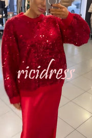 Celebration Day Sequin Patchwork Loose Sweatshirt and Satin Elastic Waist Maxi Skirt Set