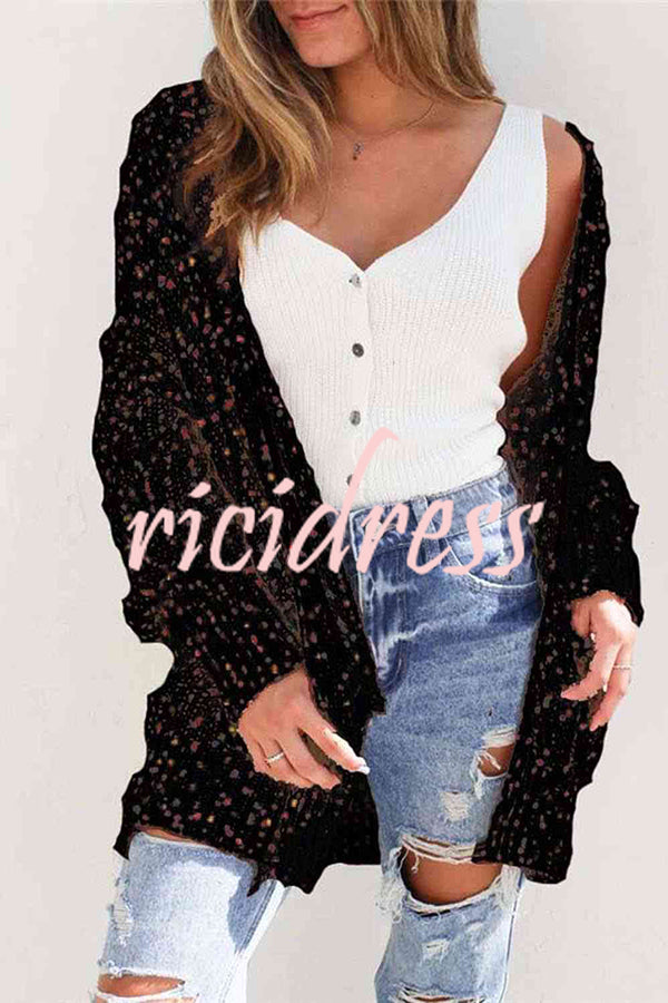 Aminga Colorful Spotted Pocket Crochet Long Sleeved Cardigan