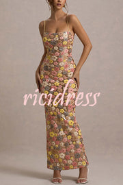 80's Inspired Floral Print Sequin Square Neck Slip Stretch Maxi Dress