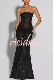 Paula Sequined Mesh and Jersey Off Shoulder Ruched Knot Drape Shawl Maxi Dress