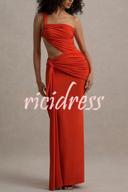 Sexy One-shoulder Backless Ribbon Pleated Slim Maxi Dress