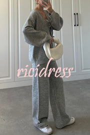 Solid Color V-neck Tie Long-sleeved Loose Knit Cardigan and Elastic Waist Casual Straight Leg Pants Set