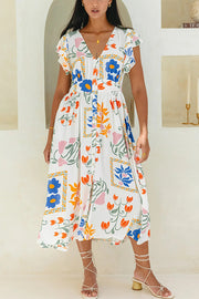 Boho Floral Print Buttoned V-neck Midi Dress