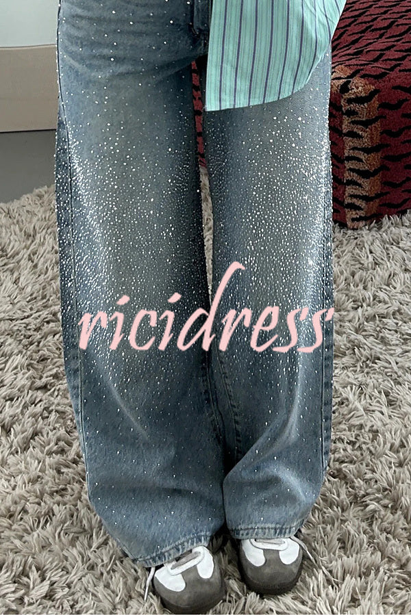 Fashionable Rhinestone Mid-rise Loose Pocket Straight Jeans