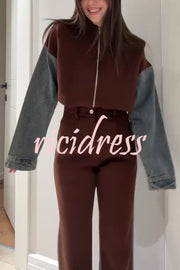 Sports Fashion Denim Patchwork Sweatshirt Fabric High Rise Pocket Loose Pants