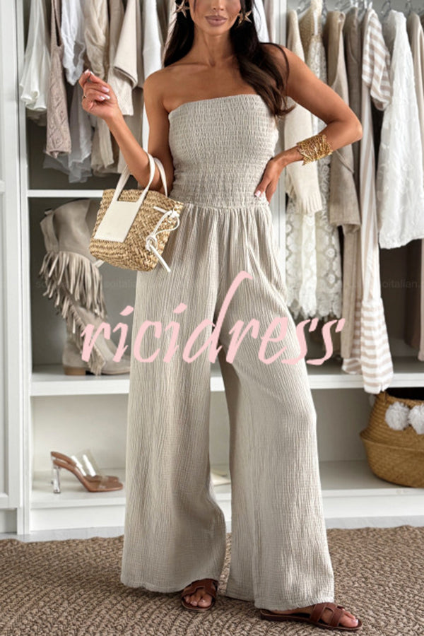 Linen Blend Solid Color Off-the-shoulder Pleated Casual Pocket Wide-leg Jumpsuit