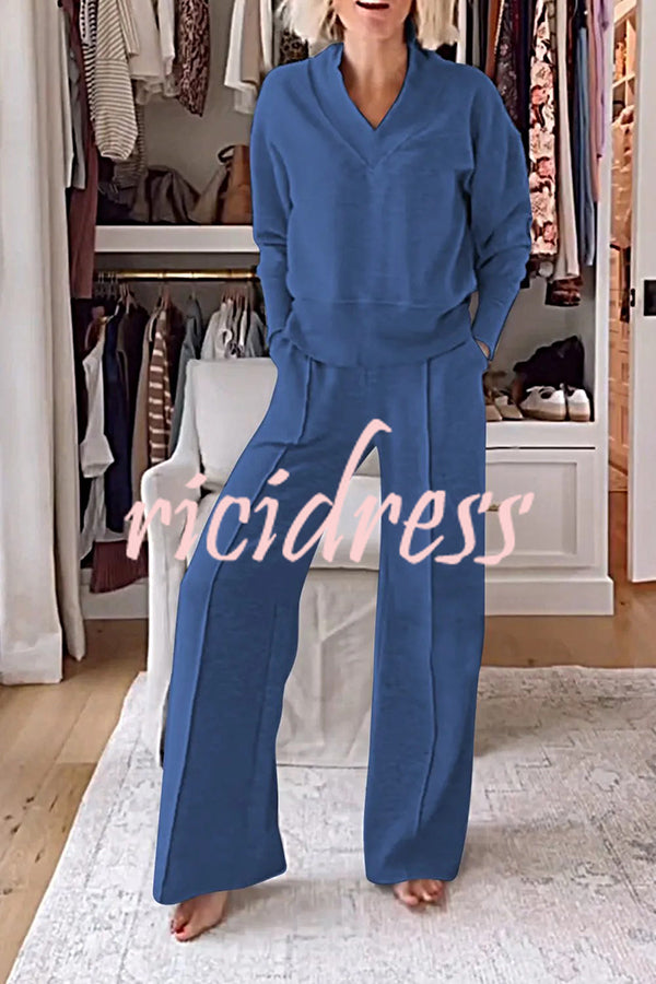 Weather Gets Cold Solid Color V-neck Top and Elastic Waist Pocketed Lounge Pants Set