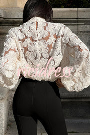 Fashionable Embroidered Flower Loose Puff Sleeve Hollow Top