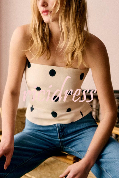 Adriel Linen Blend Polka Dot Print Back Smocked Strapless Top