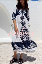 Unique Printed V-neck Loose Resort Style Midi Dress