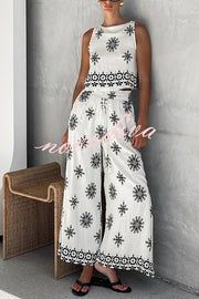 Unique Printed Round Neck Sleeveless Button Top and Elastic Waist Pocket Wide Leg Pants Set