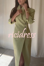 Elegant Look Linen Blend Stand Lapel Neck Half Sleeve Side Button Midi Dress