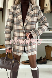 Classic Modern Plaid One Button Long Sleeve Flap Pocket Lapel Blazer