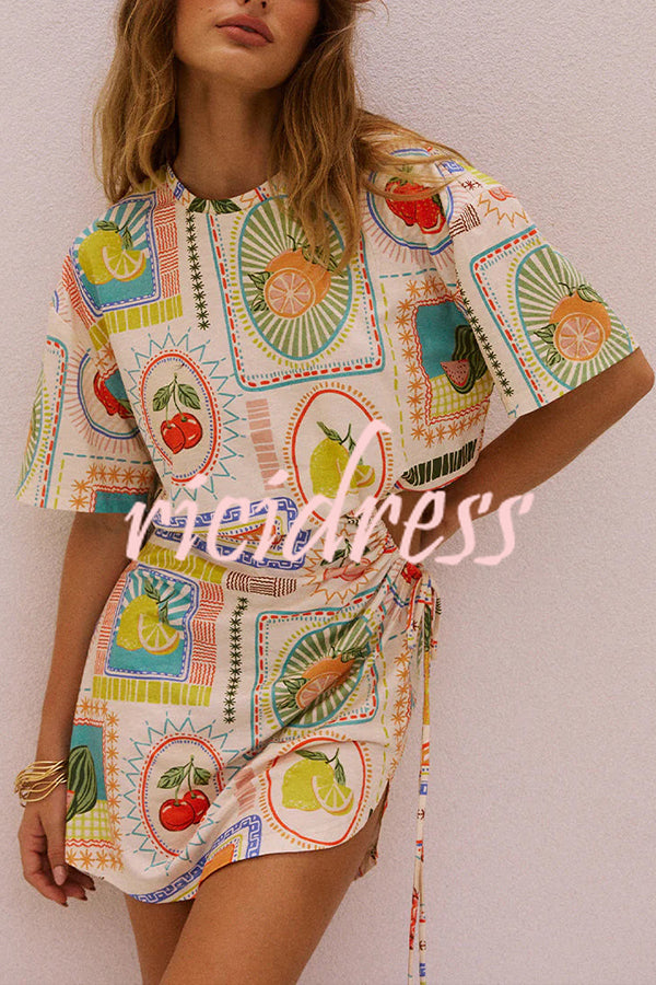 Summer Fruit Print Short Sleeve Off-Waist Tie Mini Dress