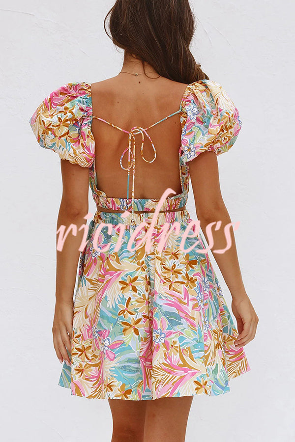 How Sweet Floral Puff Sleeve Cutout Elastic Waist Mini Dress