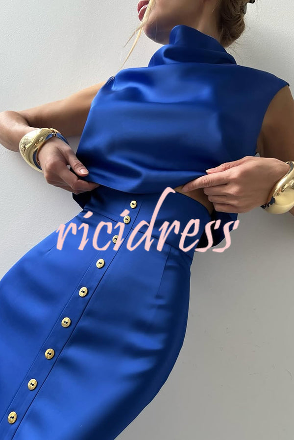 Solid Color Casual Sleeveless Crop Top and Elegant Button-down Maxi Skirt Set