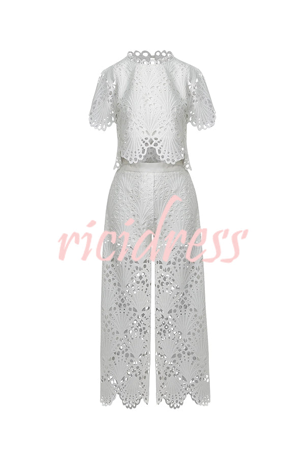 Eliose Scallop Cutout Embroidery Lace Elastic Waist Pocket Loose Pants