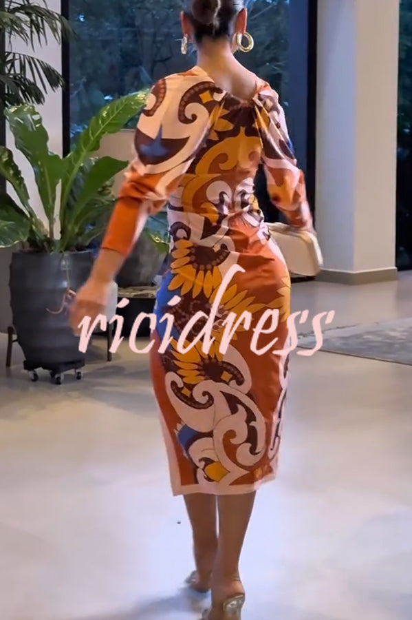 Bahamas Unique Print Dolman Long Sleeve Ruched Slit Midi Dress