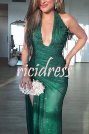 Edeita Sequin Pleated Design Deep Halter U-neck Slit Drape Gown Maxi Dress