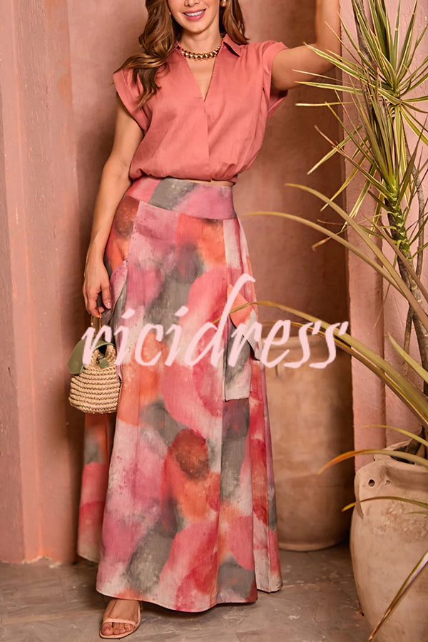 Laylin Wide Sleeve Shirt and Watercolor Print High Waist Drape Pocket Maxi Skirt Set