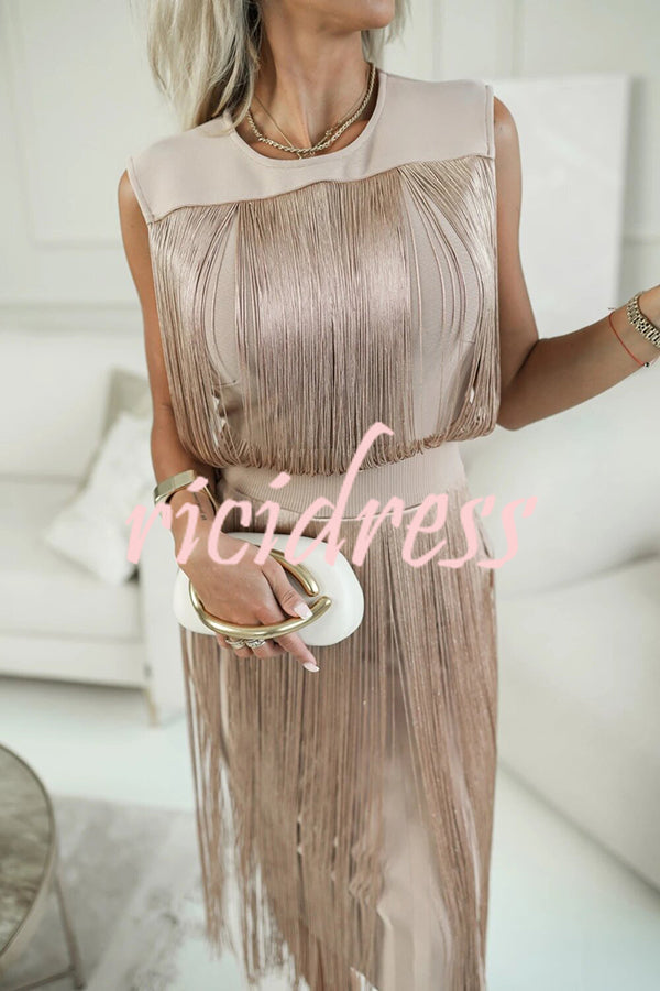 Elegant and Modern Draped Tassel Design Sleeveless Stretch Midi Dress