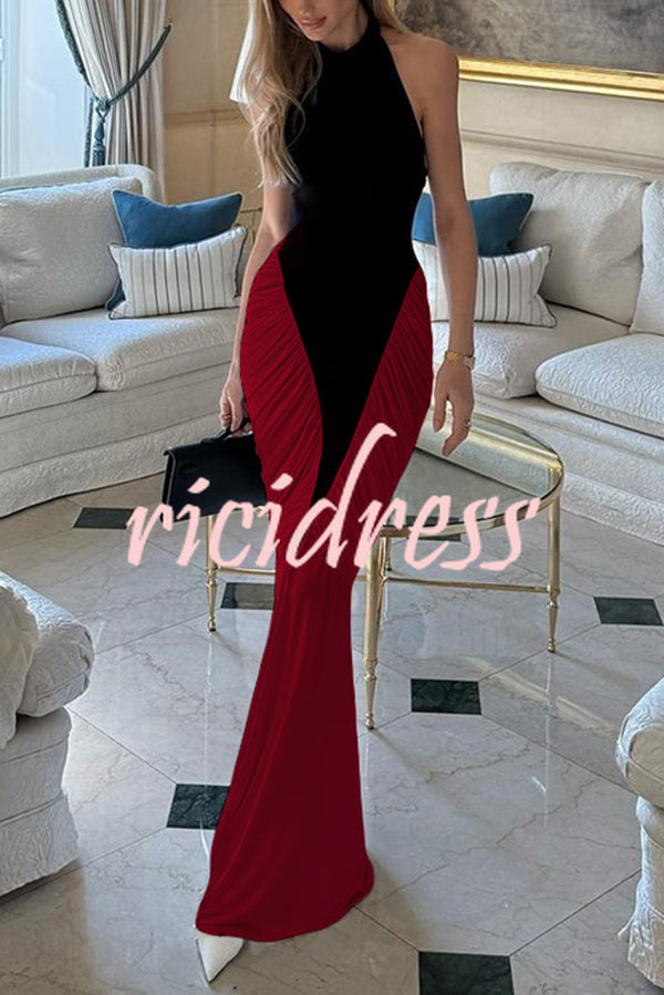 Fashionable Contrast Color Open Back Side Pleated Draped Maxi Dress