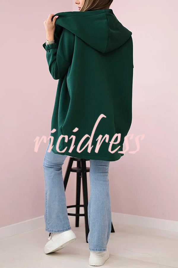 Solid Color Loose Hooded Zip-up Casual Sports Jacket