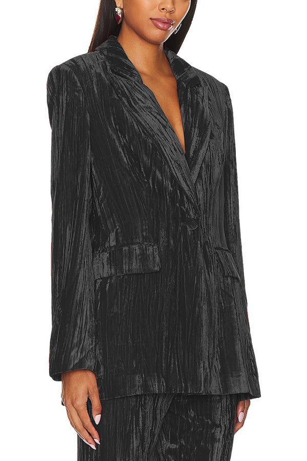 Crushed Velvet Long Sleeve Single Button Blazer