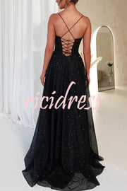 Cinderella Glitter Tulle Fabric Cowl Neck Back Lace-up Pocketed Slit Maxi Dress