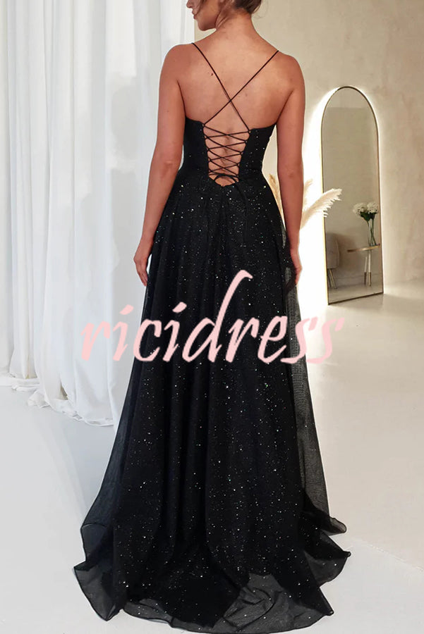 Cinderella Glitter Tulle Fabric Cowl Neck Back Lace-up Pocketed Slit Maxi Dress