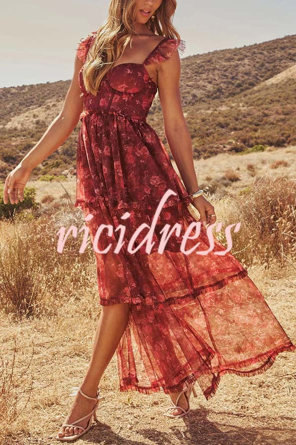 Romantic and Elegant Mesh Floral Back Smocked Tiered Ruffle Maxi Dress